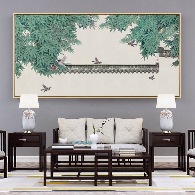 Pagoda Birds Oriental Wall Art With Frame