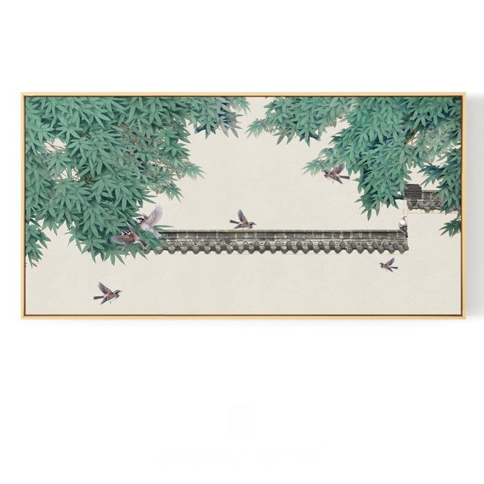 Pagoda Birds Oriental Wall Art With Frame