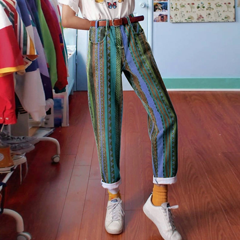 multicoloured striped trousers