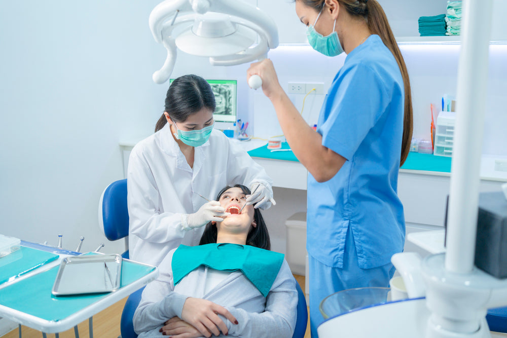 young girl patient lying on dental chair.