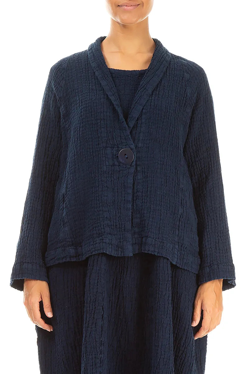 Single Button Royal Blue Textured Linen Jacket - Image 1