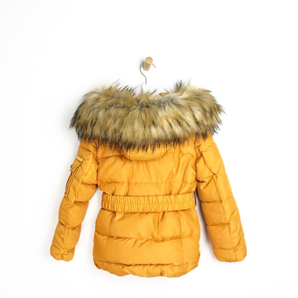 mustard padded coat with fur hood