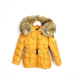 yellow padded jacket with fur hood