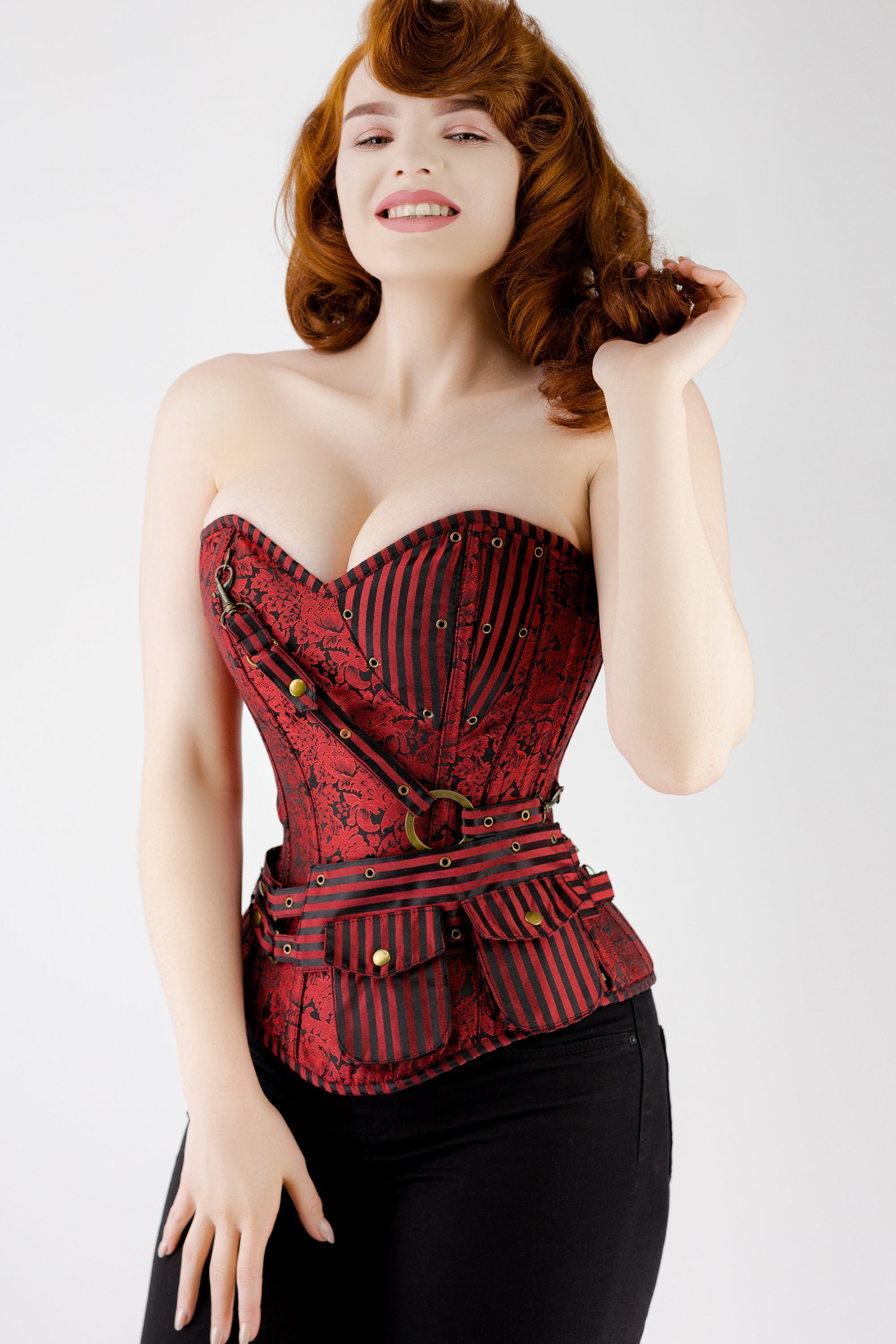 Sexy waspie waist cincher in red brocade