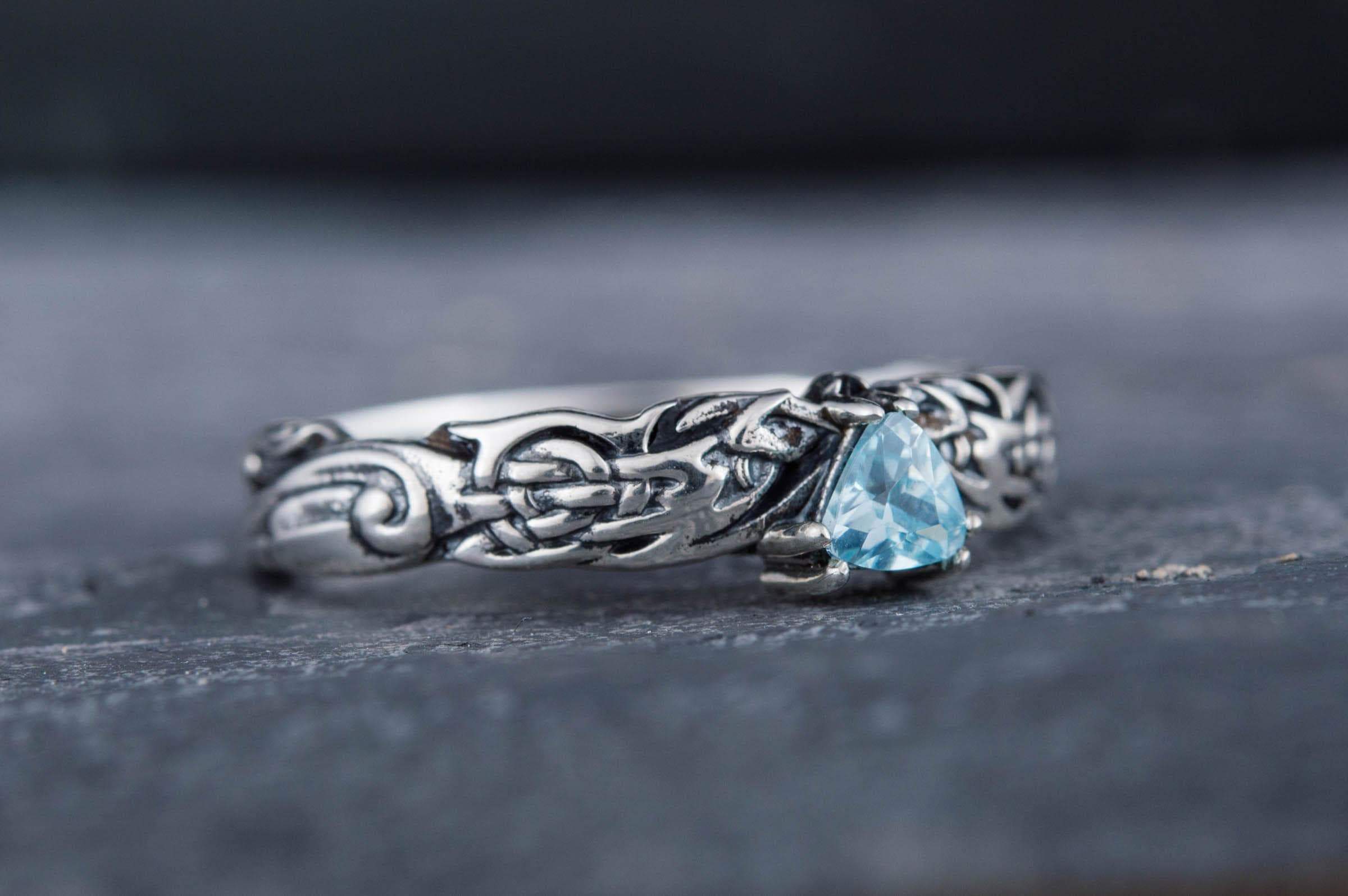Vikings Ornament Sterling Silver Ring with Blue Cubic Zirconia ...