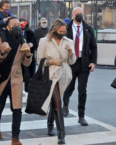 Chrissy Teigen wearing Essentials Long Beige gloves by Handsome Stockholm