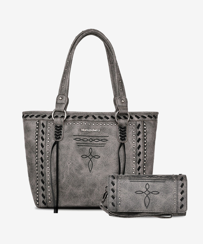 Montana West Diamond Cross Stitch Concealed Carry Tote Bag - GREY / TOTE & WALLET  - Restock in May
