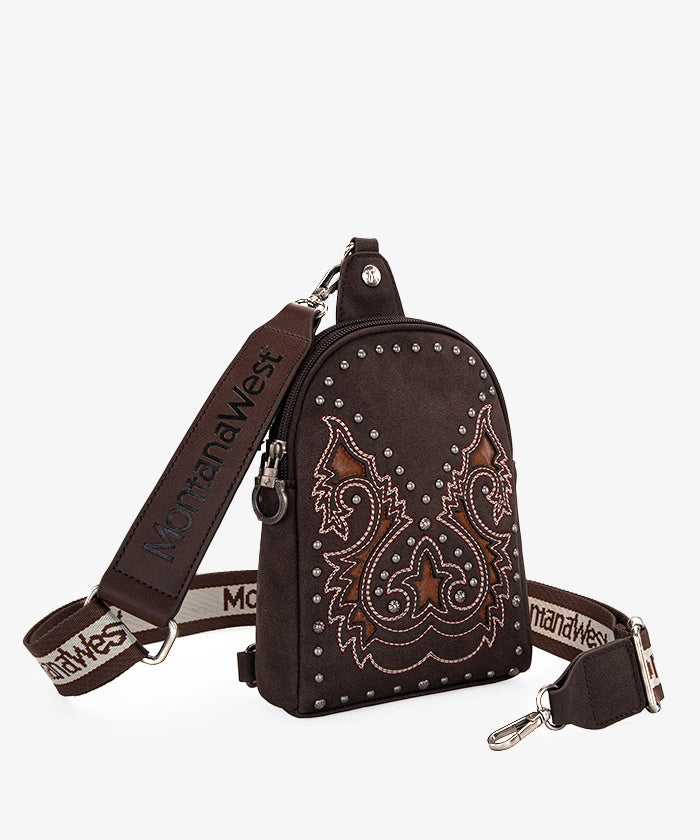 Montana West Embroidered Cut-out Boot Scroll Sling Bag - COFFEE