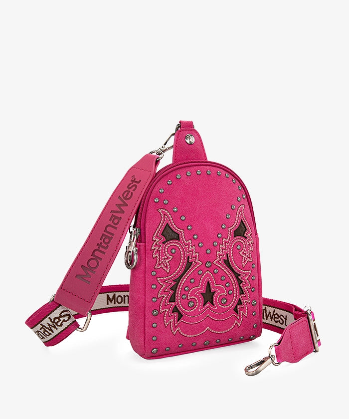 Montana West Embroidered Cut-out Boot Scroll Sling Bag - HOT PINK
