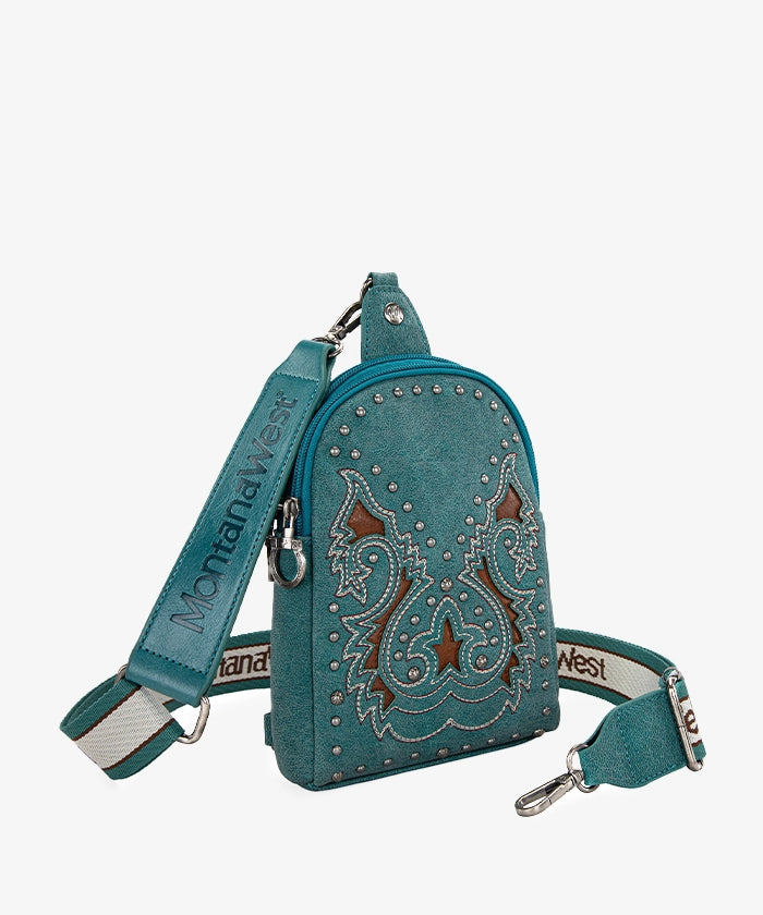 Montana West Embroidered Cut-out Boot Scroll Sling Bag - TURQUOISE