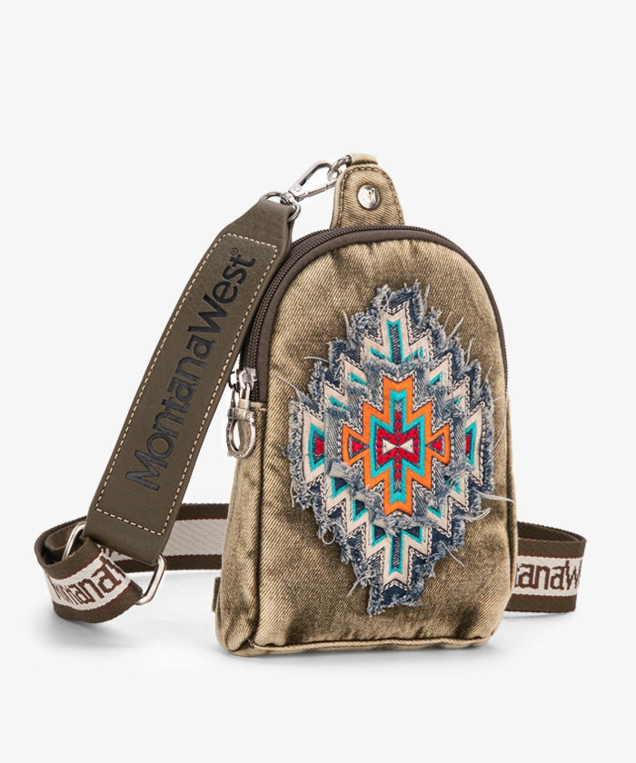 Montana West Aztec Denim Sling Bag - GREEN