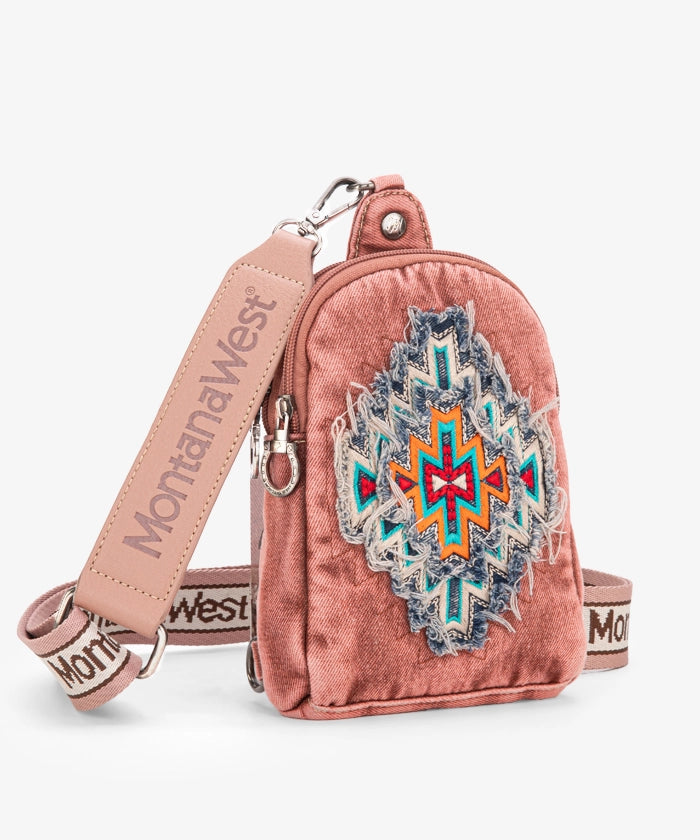 Montana West Aztec Denim Sling Bag - PINK