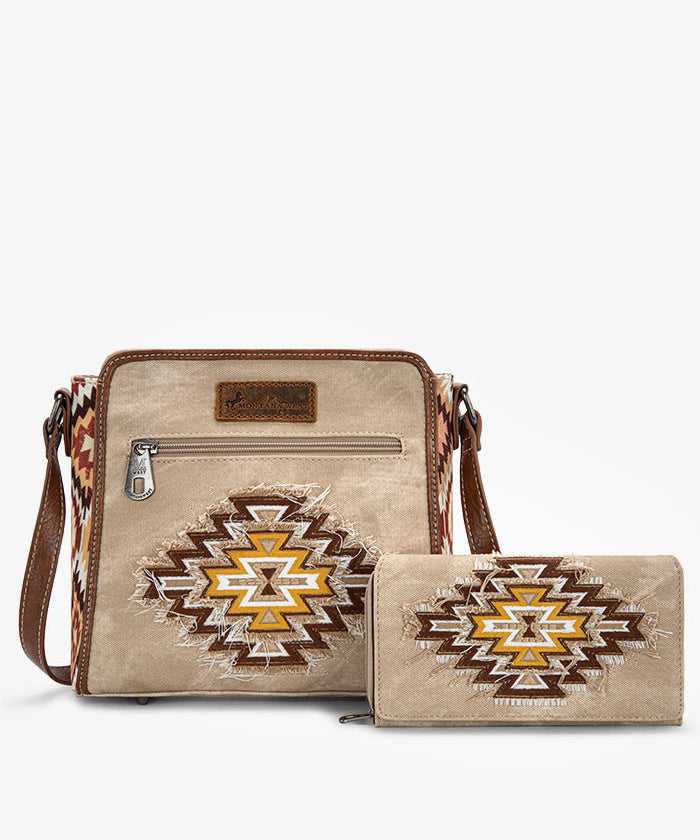 Montana West Aztec Denim Crossbody Bag Set - TAN