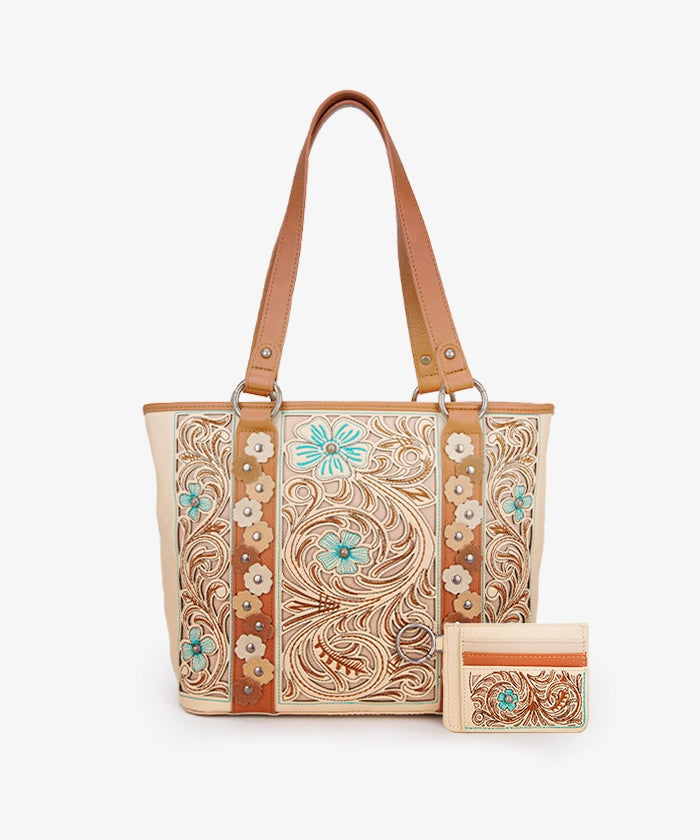 Montana West Embroidered Floral Cut-out Tote Bag - TAN / TOTE & CARD HOLDER