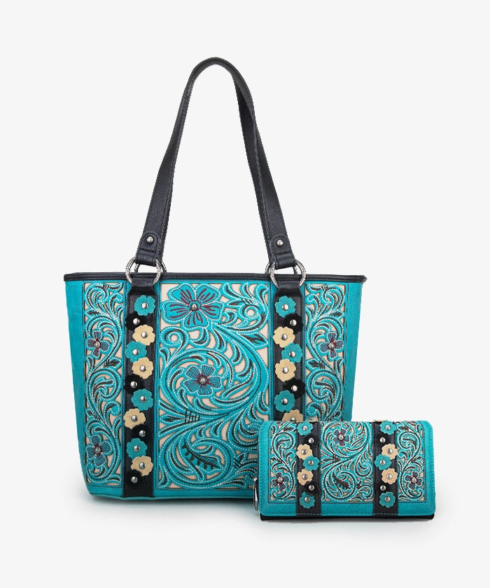 Montana West Embroidered Floral Cut-out Tote Bag - TURQUOISE / TOTE & WALLET