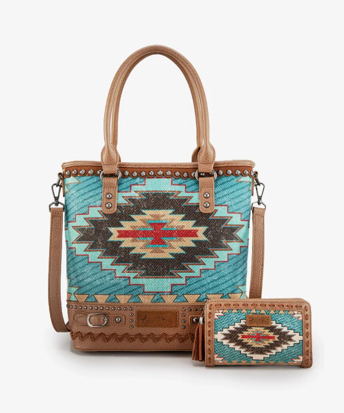 Montana West Aztec Printed Concealed Carry Tote Bag Set - TURQUOISE -Ships on 30th April / TOTE & WALLET