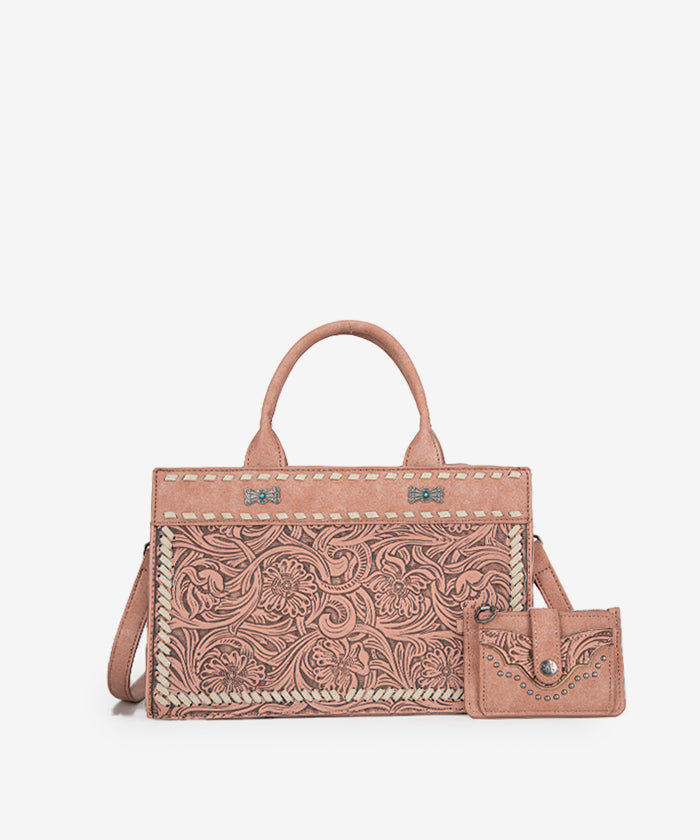 Montana West Floral Tooled Tote Bag Set - DARK PINK / TOTE & WALLET