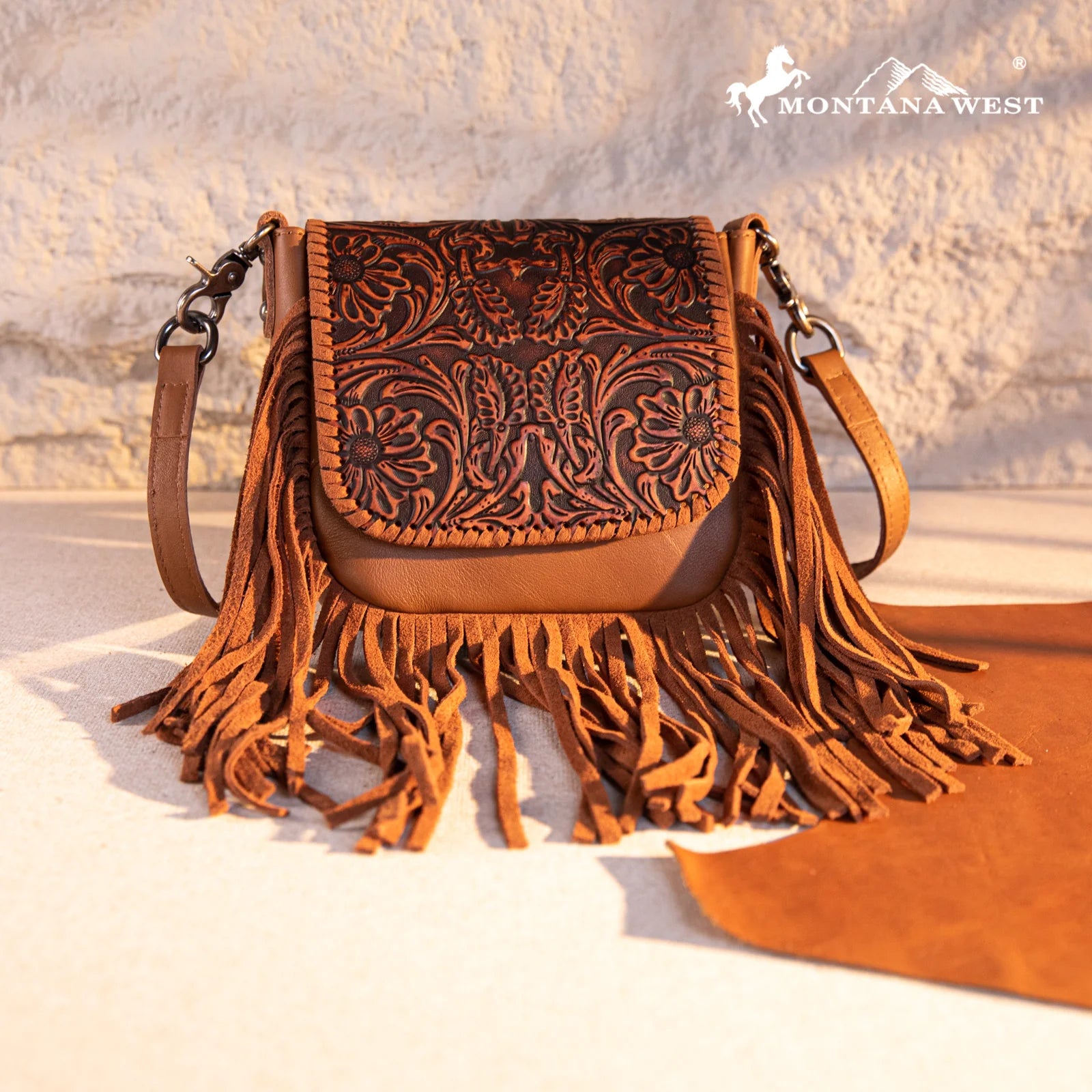Montana West Genuine Leather Tooled Fringe Crossbody Bag - BROWN