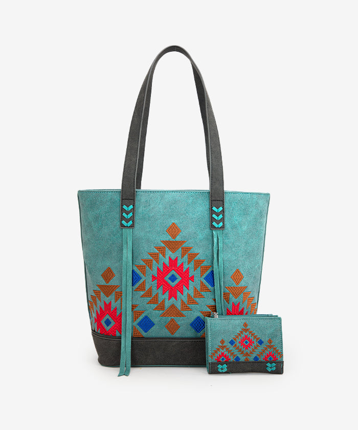 Montana West Aztec Embroidered Tote Bag Set - TURQUOISE / TOTE & WALLET