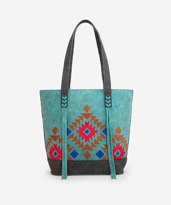 Montana West Aztec Embroidered Tote Bag Set - TURQUOISE / TOTE BAG