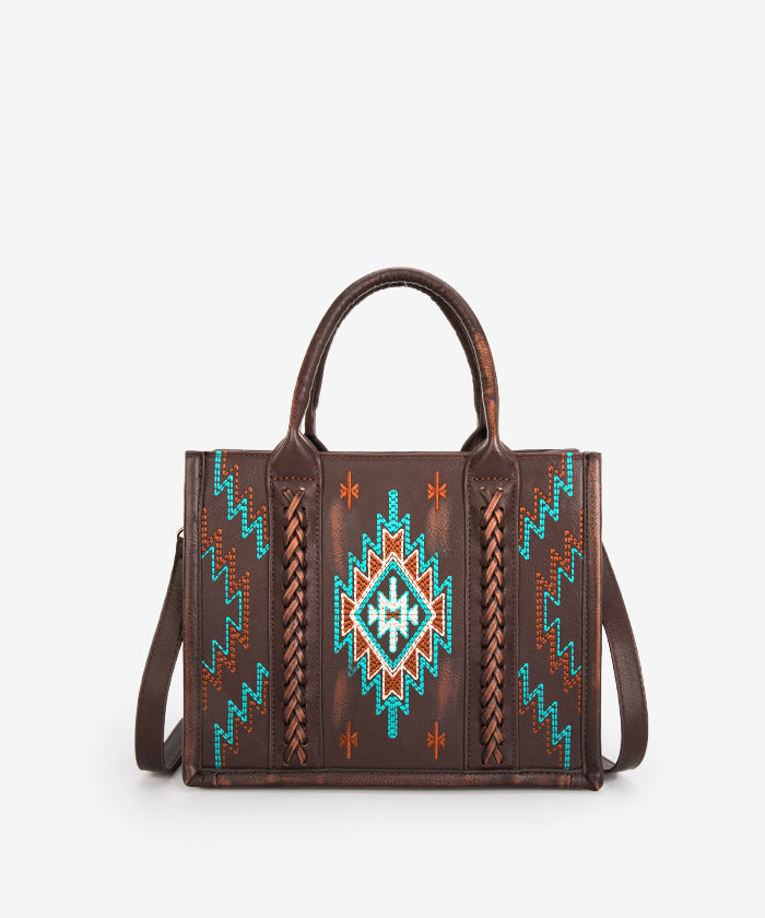 Montana West Aztec Embroidered Distressed Leather Tote Bag - COFFEE