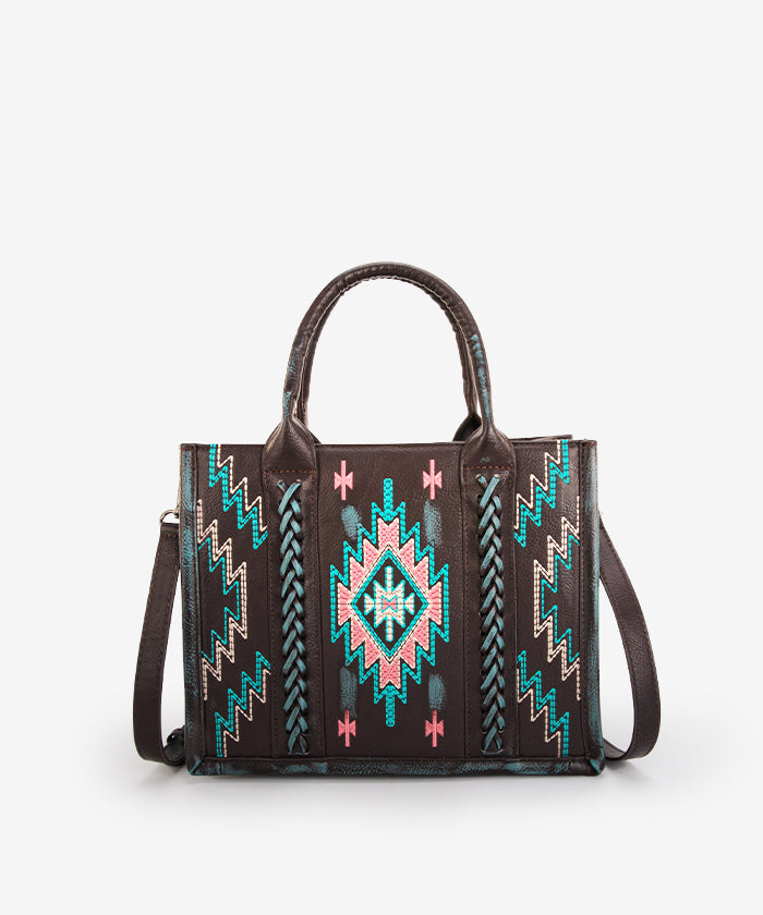 Montana West Aztec Embroidered Distressed Leather Tote Bag - TURQUOISE