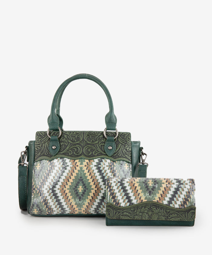 Montana West Sequined Aztec Tote Bag Set - GREEN / TOTE & WALLET