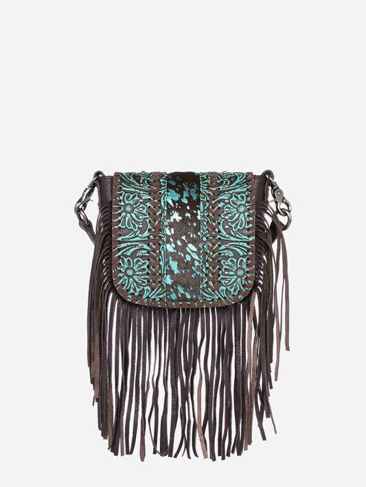 Montana West Genuine Leather Floral Tooled Fringe Crossbody