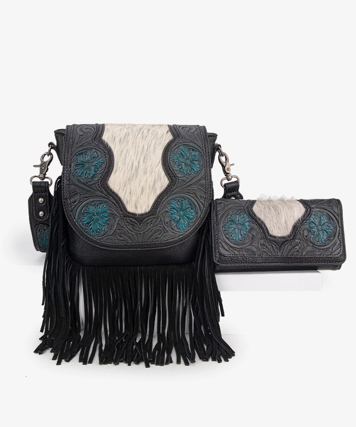 Trinity Ranch Genuine Hair-On Cowhide Tooled Fringe Crossbody Bag Set - BLACK / CROSSBODY & WALLET