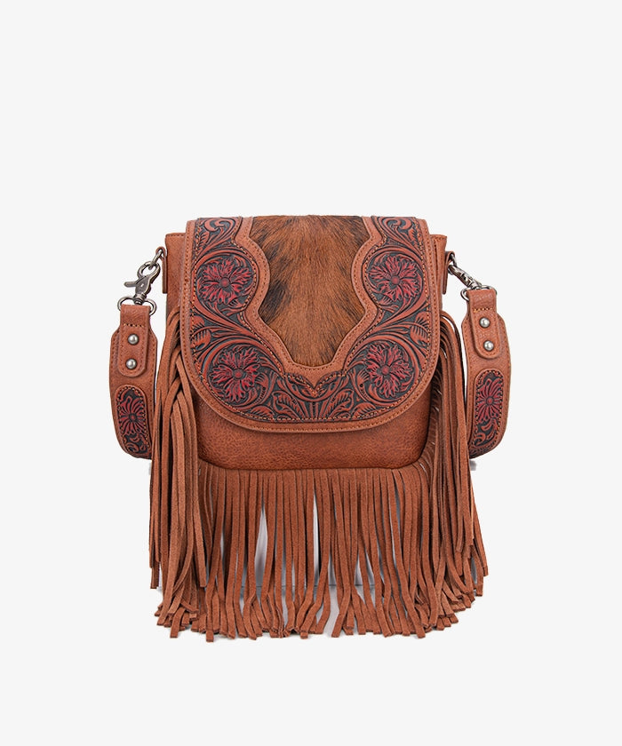 Trinity Ranch Genuine Hair-On Cowhide Tooled Fringe Crossbody Bag Set - BROWN / CROSSBODY