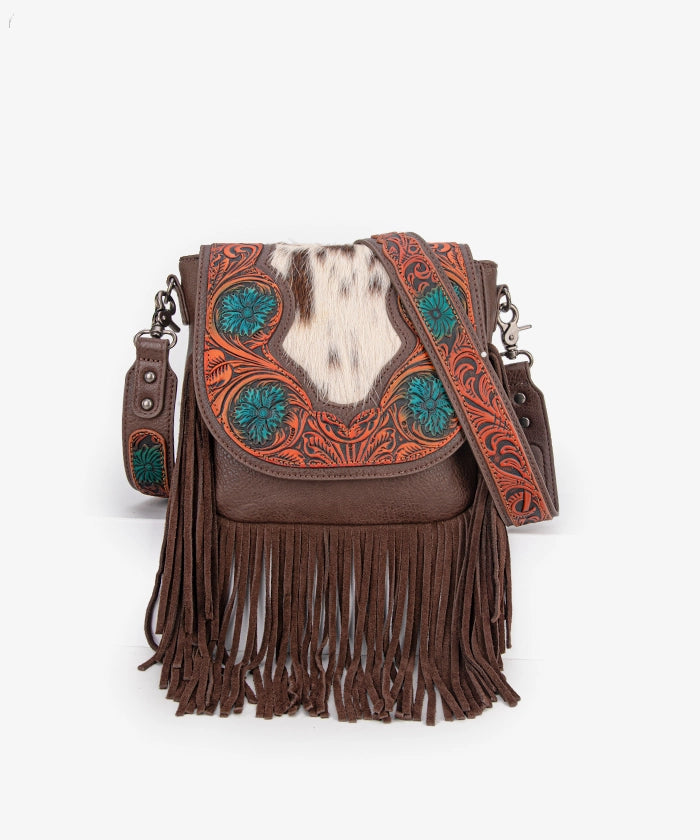 Trinity Ranch Genuine Hair-On Cowhide Tooled Fringe Crossbody Bag Set - COFFEE / CROSSBODY
