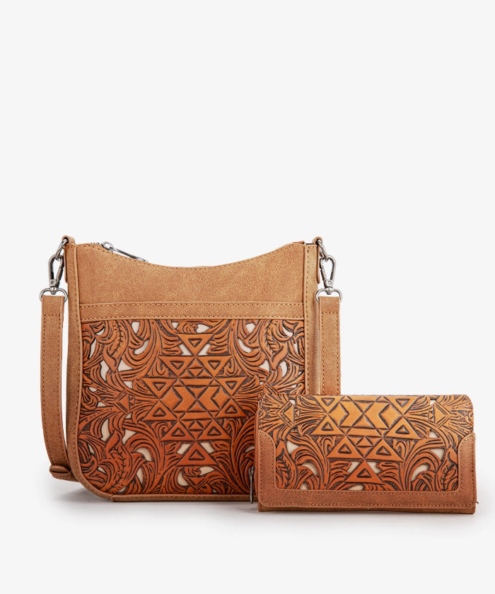 Trinity Ranch Tooled Crossbody Bag Set - BROWN / CROSSBODY & WALLET
