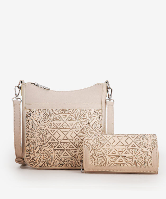 Trinity Ranch Tooled Crossbody Bag Set - TAN / CROSSBODY & WALLET