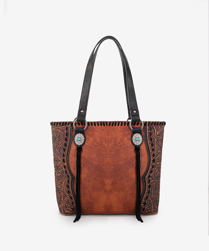 Trinity Ranch Floral Tooled Concealed Carry Tote Bag - BROWN