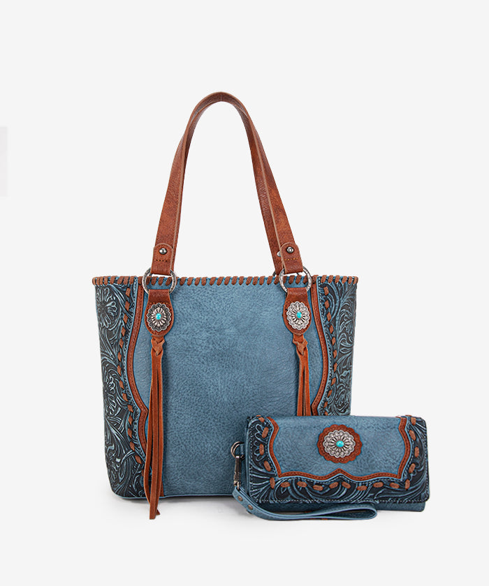 Trinity Ranch Floral Tooled Concealed Carry Tote Bag Set - JEAN / TOTE & WALLET
