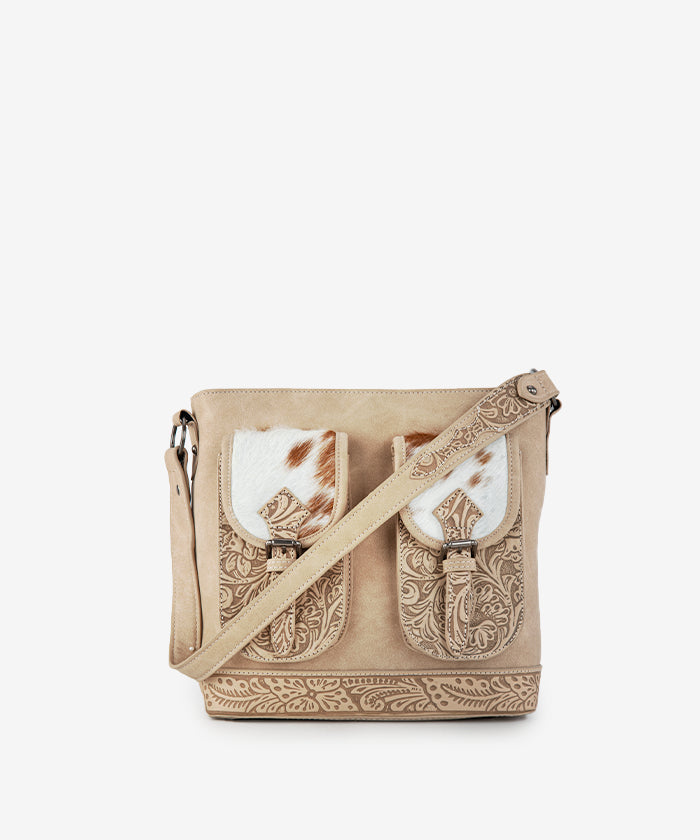 Trinity Ranch Hair-on Cowhide Tooled Concealed Carry Shoulder Bag - TAN