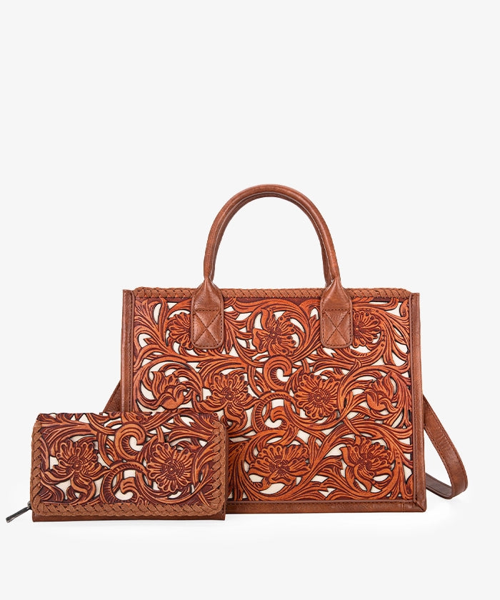 Trinity Ranch Tooled Tote Carry Bag - BROWN / TOTE & WALLET(MEDIUM)