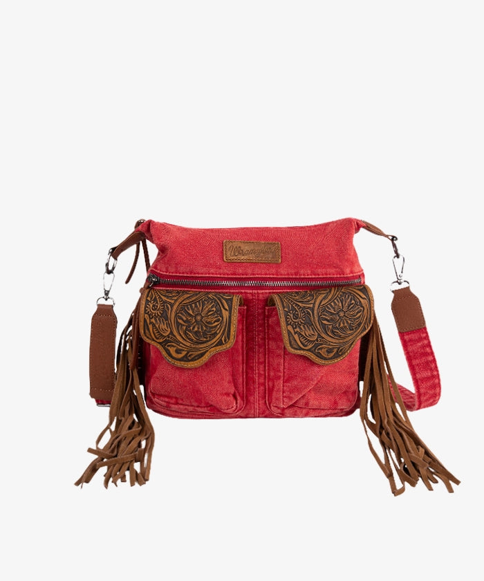Wrangler Fringe Floral Tooled Denim Crossbody Bag - RED