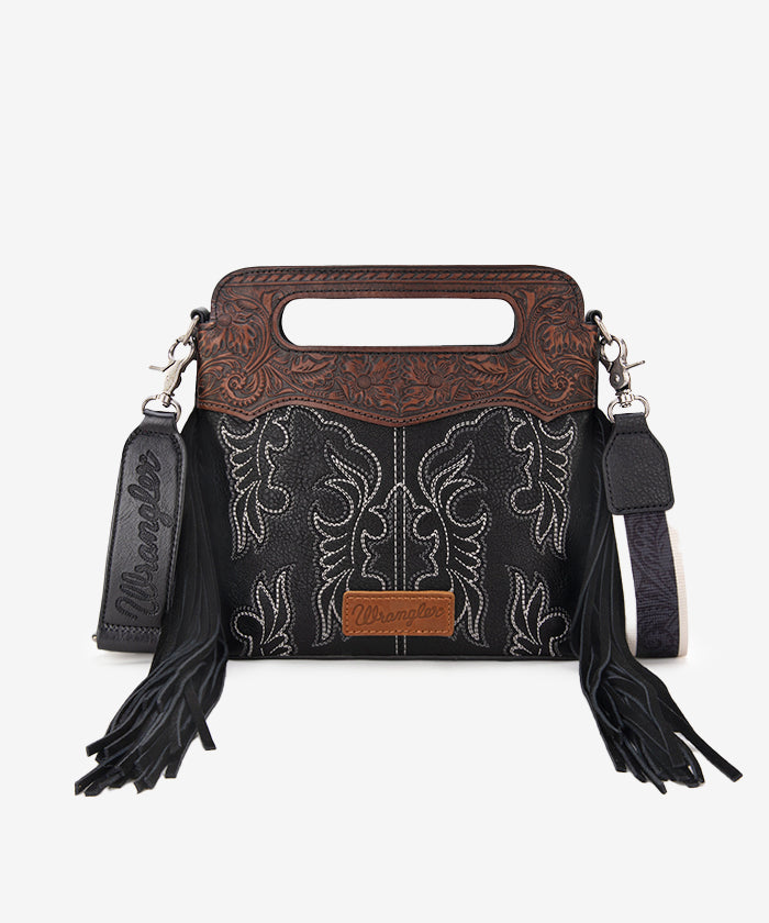 Wrangler Tooled Fringe Crossbody Bag - BLACK / SMALL