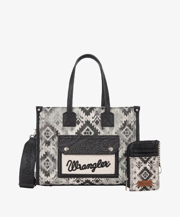 Wrangler Aztec Concealed Carry Canvas Tote Bag Set - BLACK / TOTE & CARD HOLDER