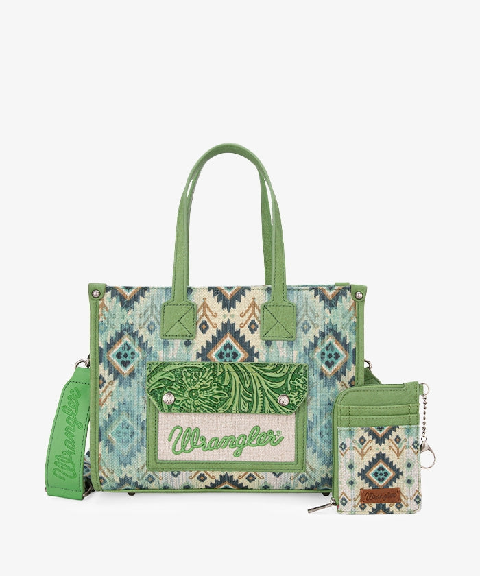 Wrangler Aztec Concealed Carry Canvas Tote Bag Set - GREEN / TOTE & CARD HOLDER