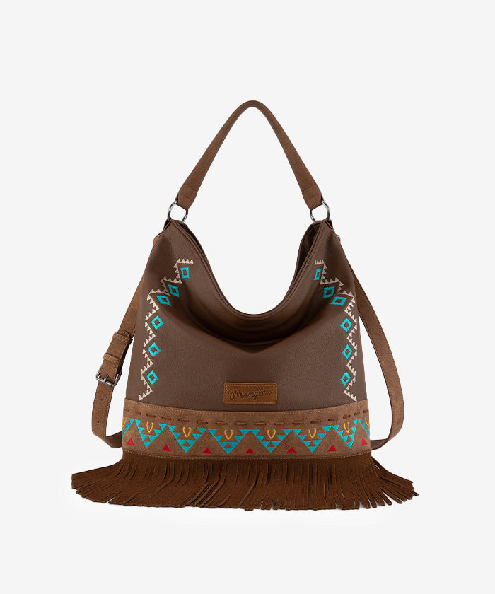 Wrangler Aztec Embroidered Fringe Shoulder Bag - BROWN