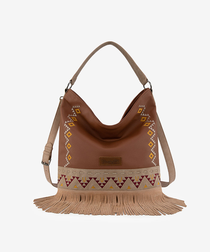 Wrangler Aztec Embroidered Fringe Shoulder Bag - LIGHT BROWN