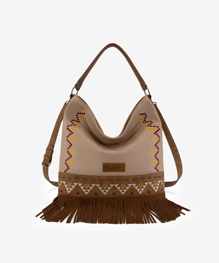 Wrangler Aztec Embroidered Fringe Shoulder Bag - TAN