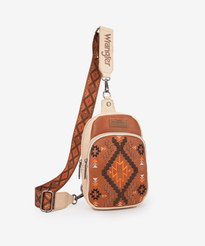 Wrangler Aztec Embroidered Whipstitch Sling Bag - BROWN / SLING BAG