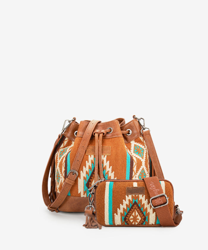 Wrangler Aztec Knitted Bucket Bag Set - BROWN / BUCKET & CROSSBODY