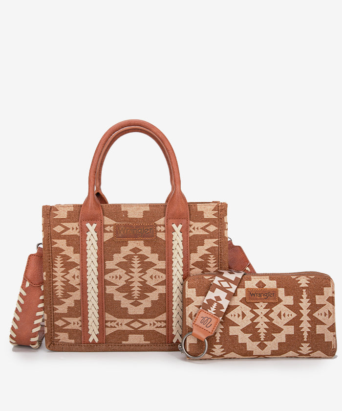 Wrangler Aztec Print Tote Bag Set - BROWN / TOTE BAG & WRISTLET