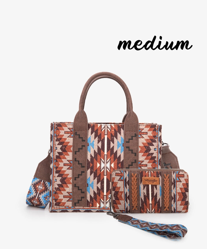 Wrangler Aztec Print Whipstitch Canvas Tote Bag Set - COFFEE / MEDIUM TOTE & WALLET