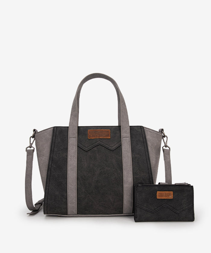 Wrangler Color Block Western Tote Carry Bag Set - BLACK / TOTE & WALLET