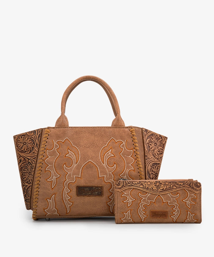 Wrangler Embroidered Boot Scroll Tote Bag Set - KHAKI / TOTE BAG & WALLET
